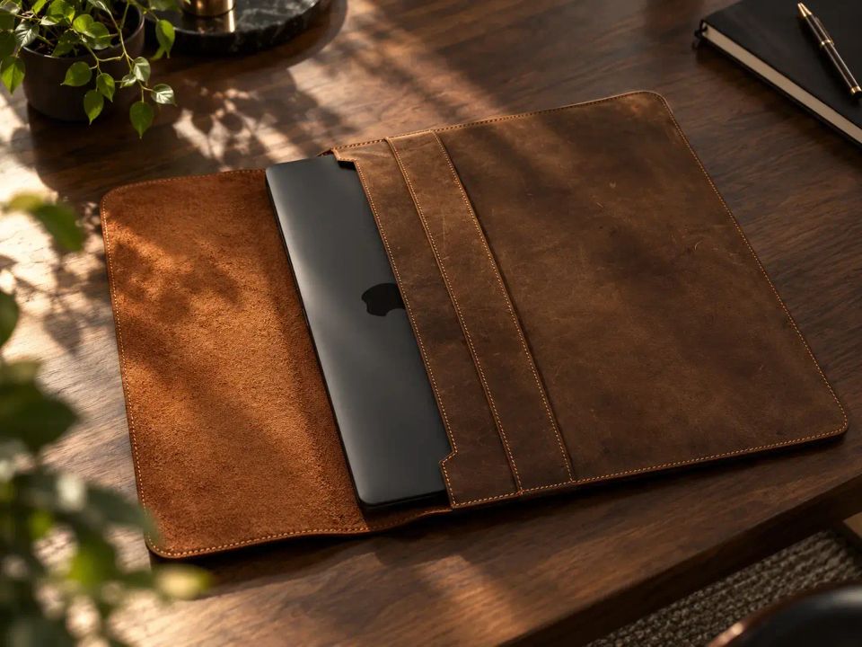 Brown leather laptop sleeve open on a sunlit desk